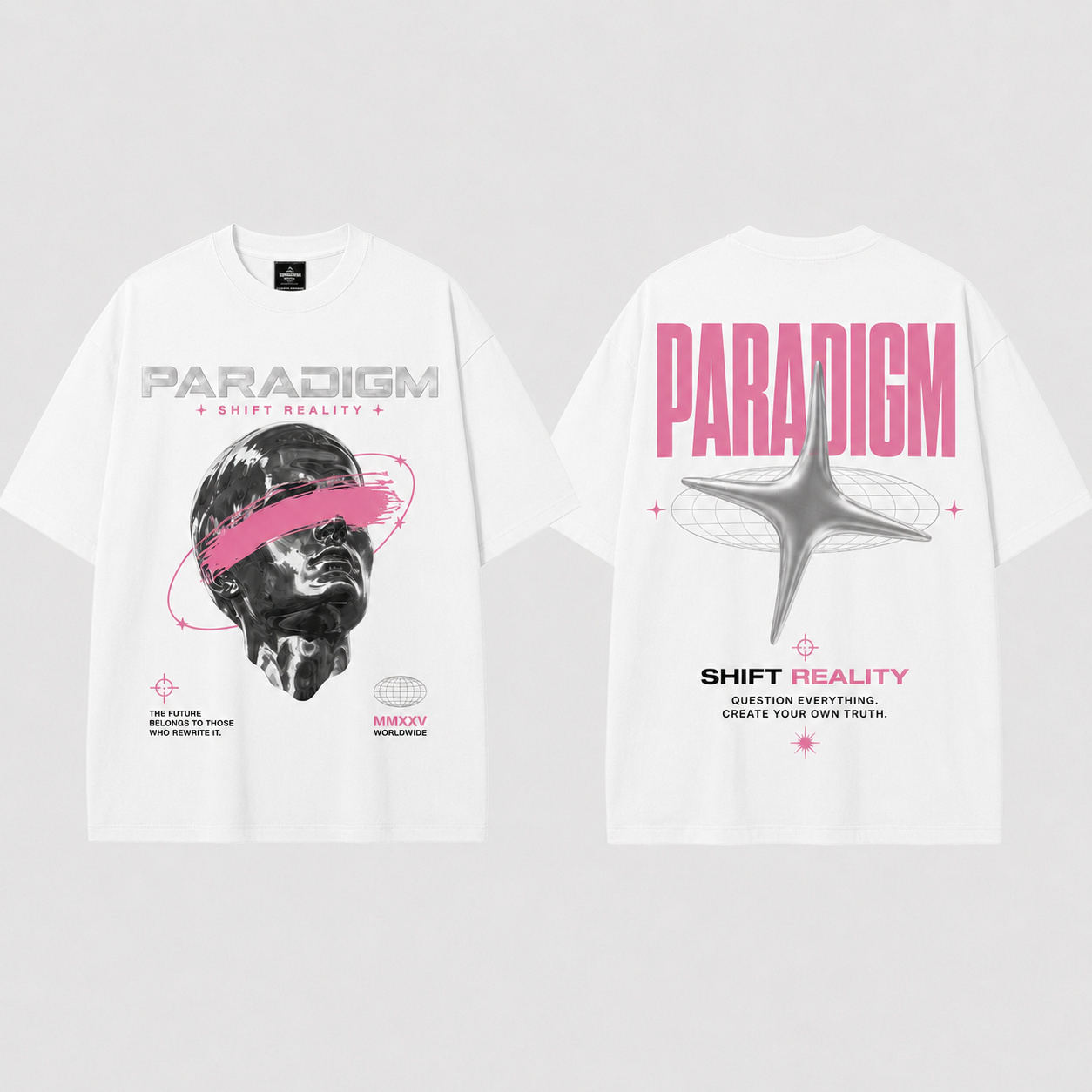 Paradigm Graphic Oversized T-Shirt Women & Men’s 100% Cotton Tee, Futuristic Space Print Double-Sided Streetwear Shirt