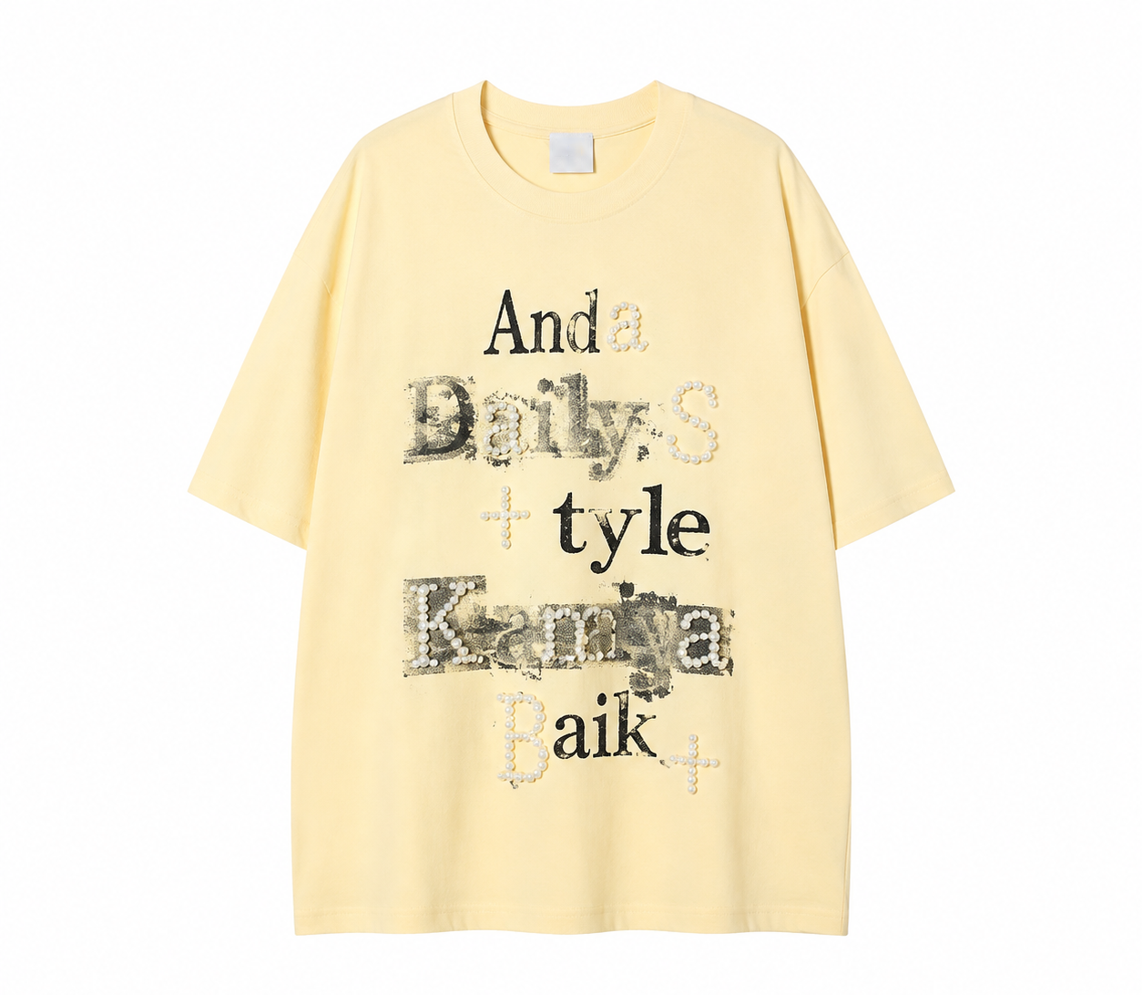 A261 - Pearl Graffiti Graphic Tee – Handmade Embellished Oversized Cotton T-Shirt