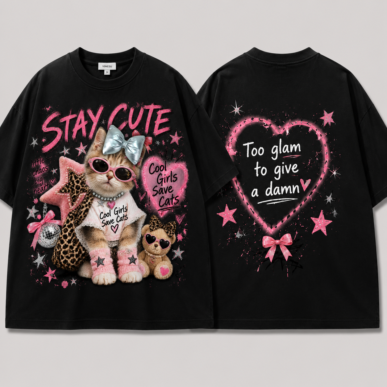A262 - Cute Cat Graphic Oversized T-Shirt 100% Cotton Tee with 3D Bow Detail & Rhinestone Necklace
