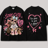 A262 - Cute Cat Graphic Oversized T-Shirt 100% Cotton Tee with 3D Bow Detail & Rhinestone Necklace