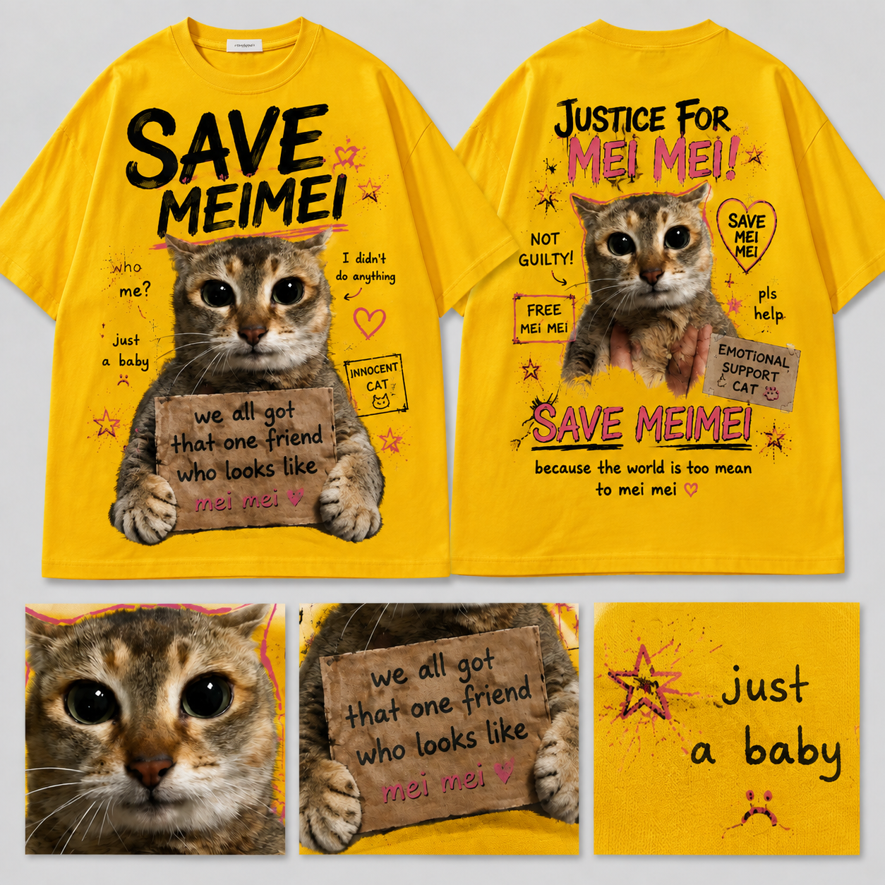 SaveMeiMei Funny Cat T-Shirt – Heavyweight Cotton Oversized Cat Meme Graphic Tee