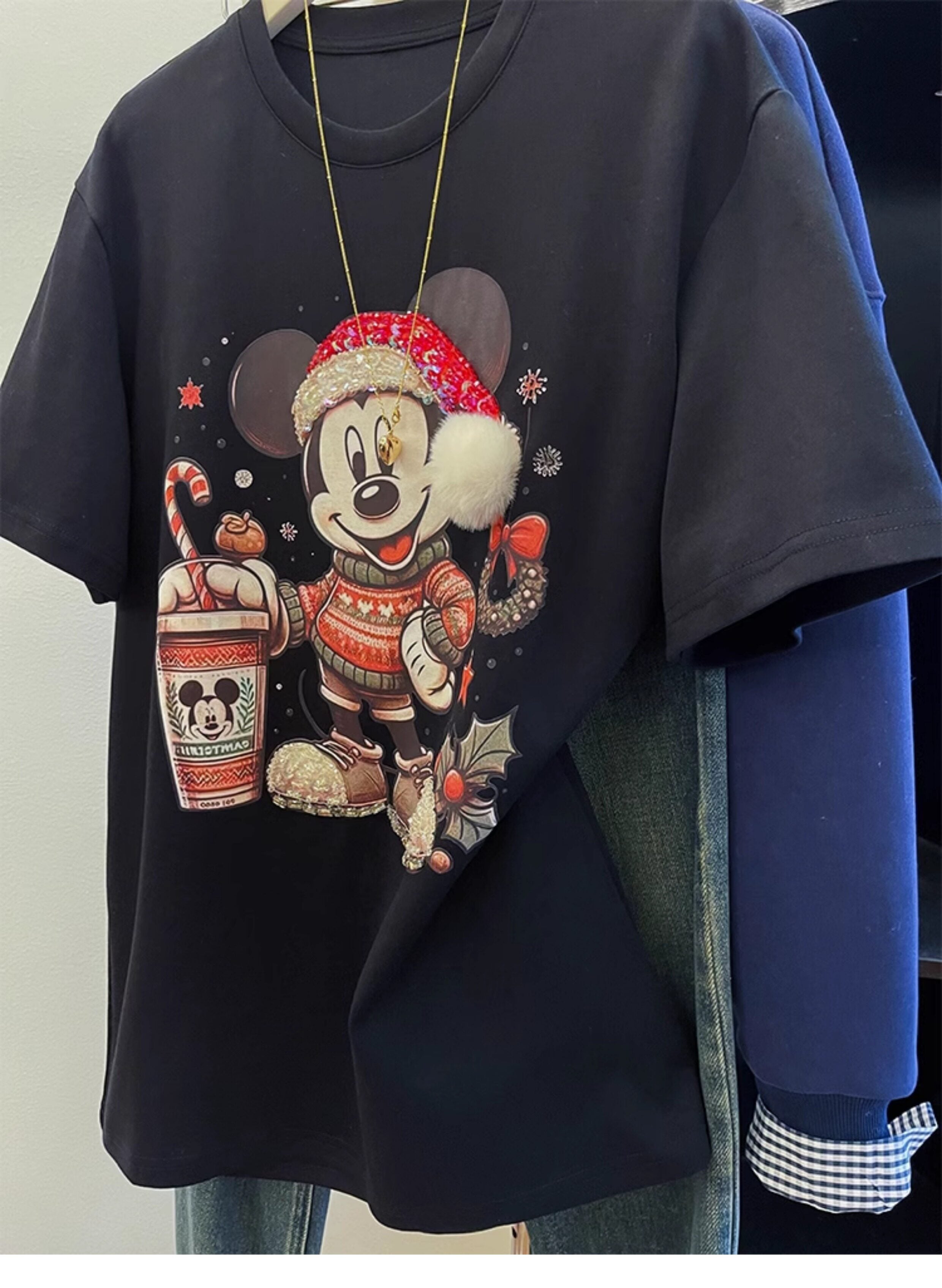 Christmas Mickey Mouse Graphic T-Shirt | 220G Heavy Cotton Tee with Handmade Beaded Embroidery & Festive Holiday Design