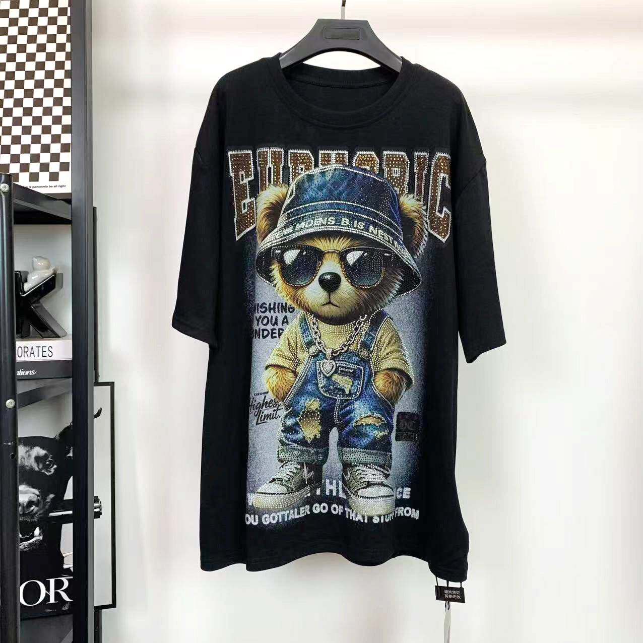 Heavy Rhinestone Teddy Bear Graphic T-Shirt | Oversized Unisex Streetwear Tee