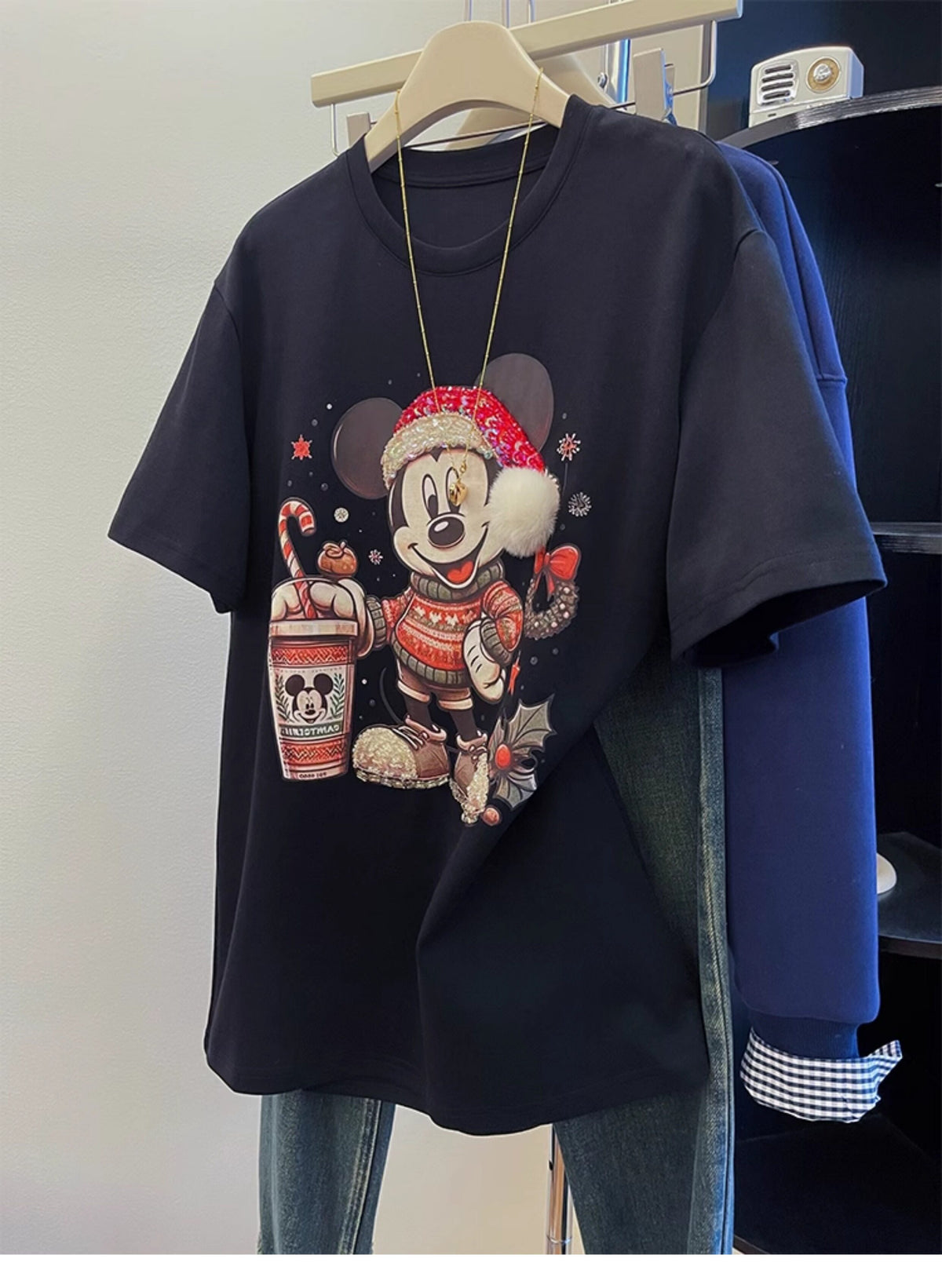 A258 - Christmas Mickey Mouse Graphic T-Shirt | 220G Heavy Cotton Tee with Handmade Beaded Embroidery & Festive Holiday Design