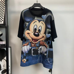R6 - Heavy Cotton T-Shirt - Hand-Embroidered Beaded & Sequin Mickey Graphic Denim Overalls Printed Oversized Tee