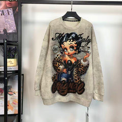 R18 - Rhinestone Betty Graphic Oversized Sweatshirt – Sparkling Vintage Cartoon Style