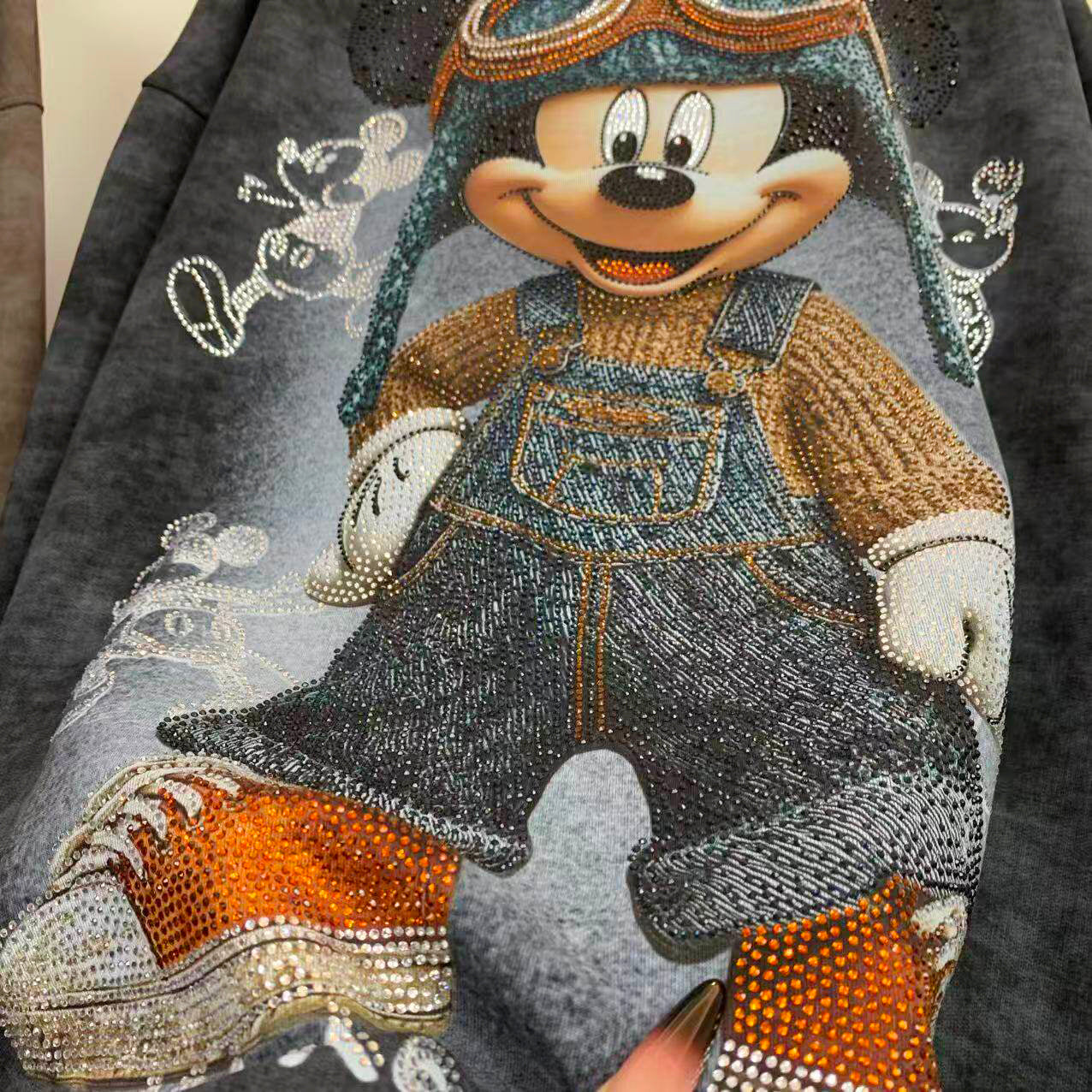 Vintage Washed Rhinestone Aviator Mickey Sweatshirt | Oversized Graphic Crewneck