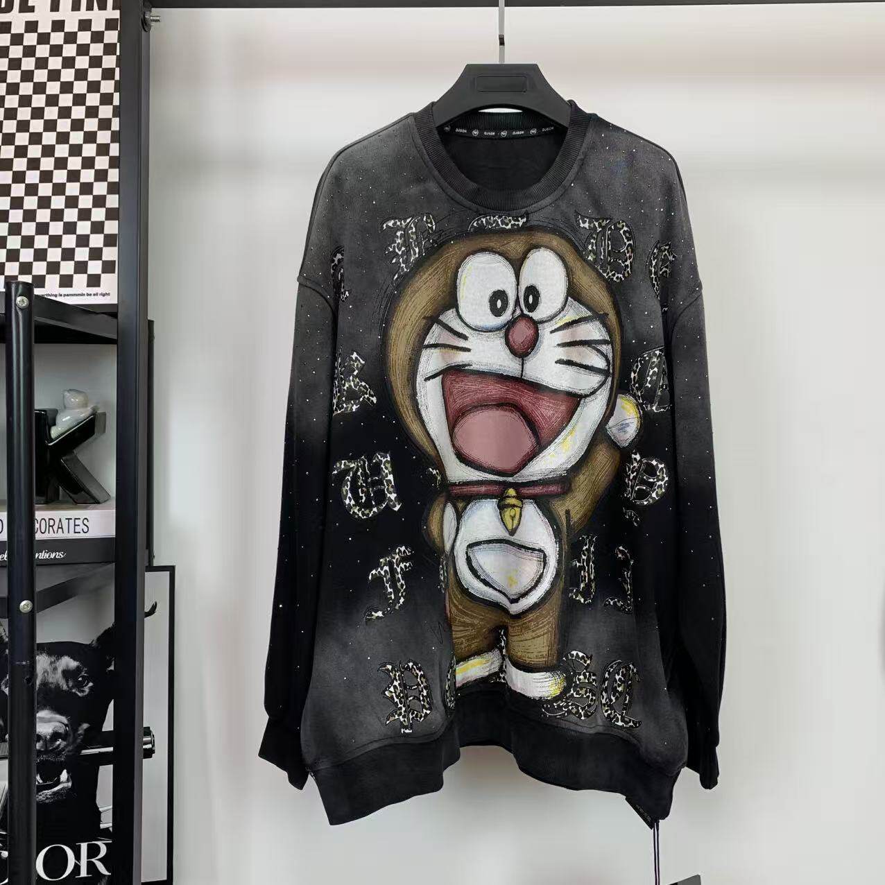 Washed Retro Doraemon Sweatshirt | Rhinestone Oversized Longline Crewneck