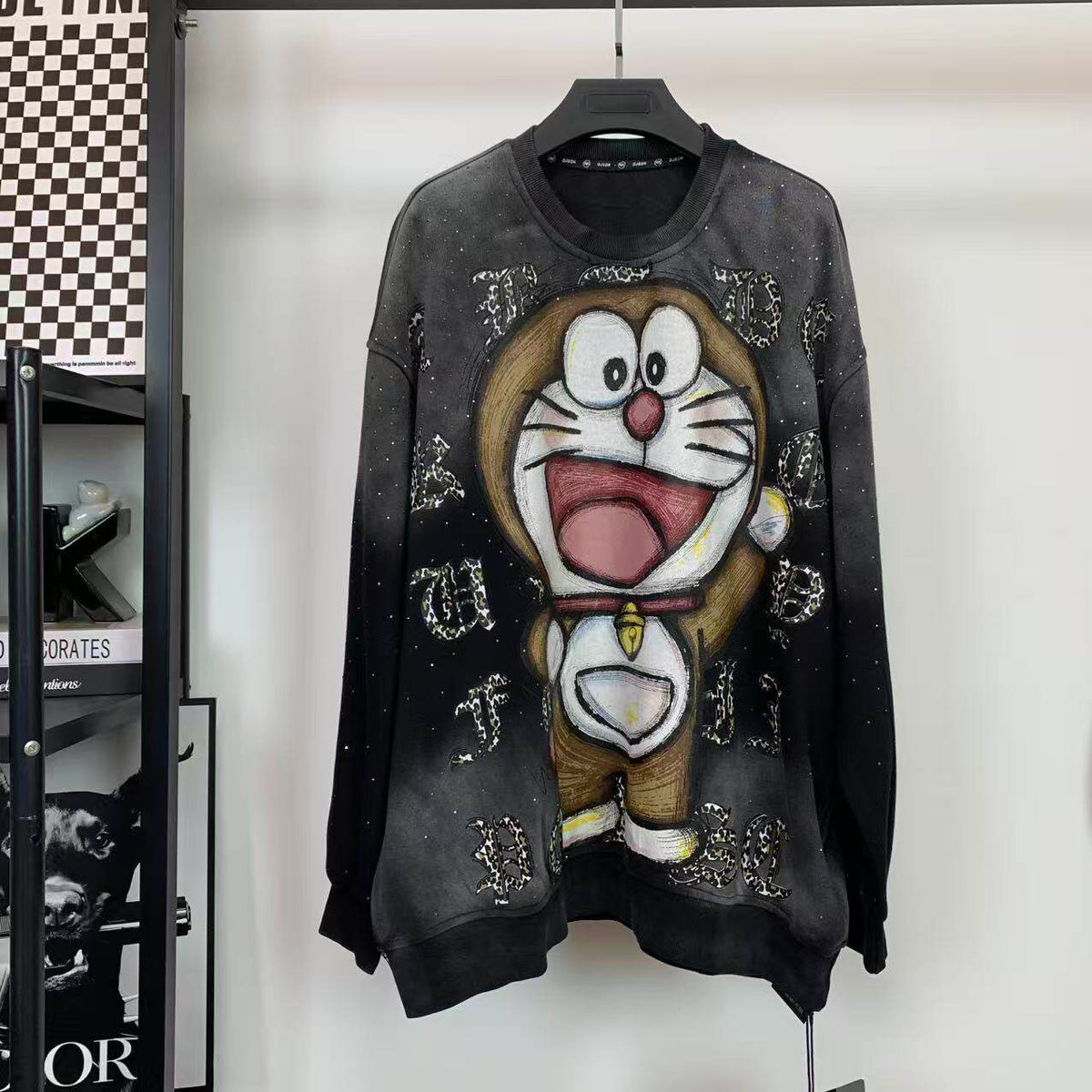 Washed Retro Doraemon Sweatshirt | Rhinestone Oversized Longline Crewneck
