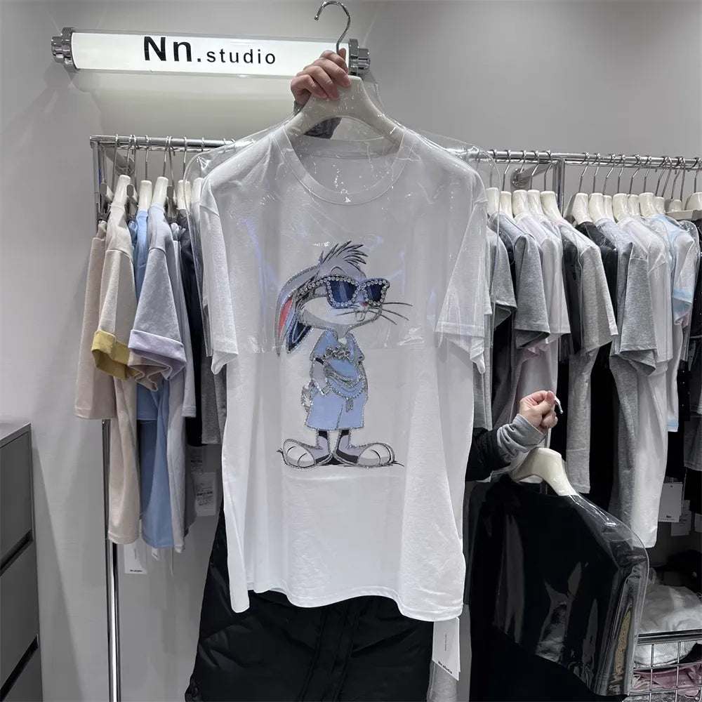 Cartoon Diamond Embellishments + Embroidered Bead Sunglasses Bunny Short-Sleeve T-Shirt