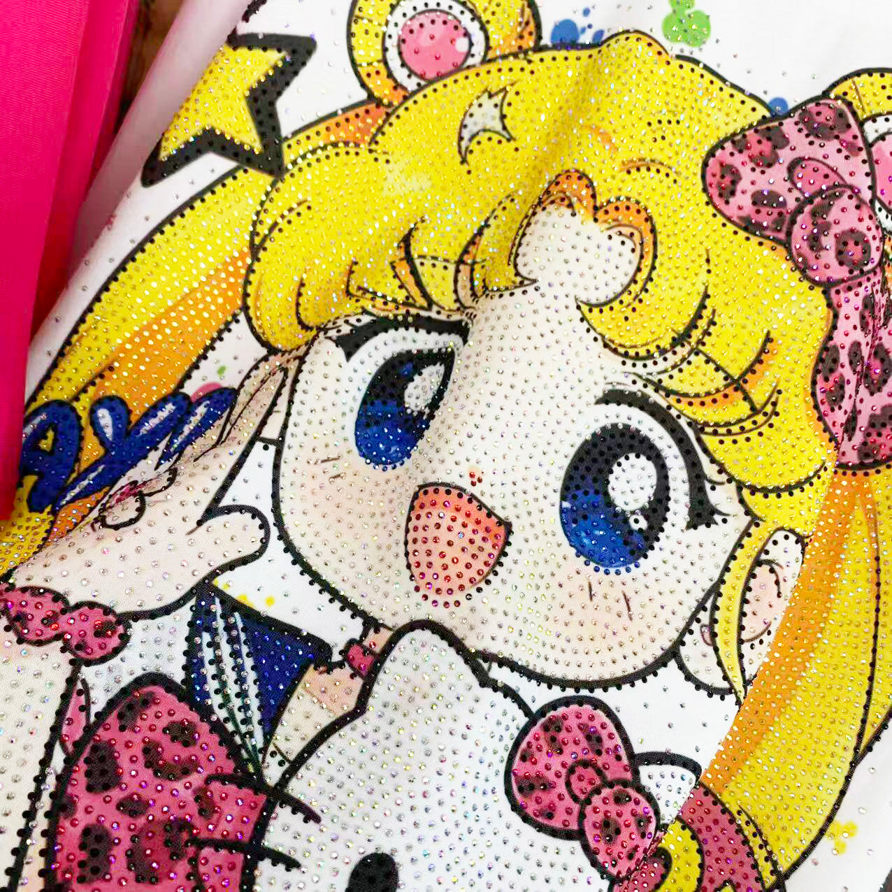 A255 - 320G Heavyweight Sailor Moon Inspired Rhinestone Graphic Tee | Y2K Oversized Cute Cartoon Streetwear T-Shirt Women