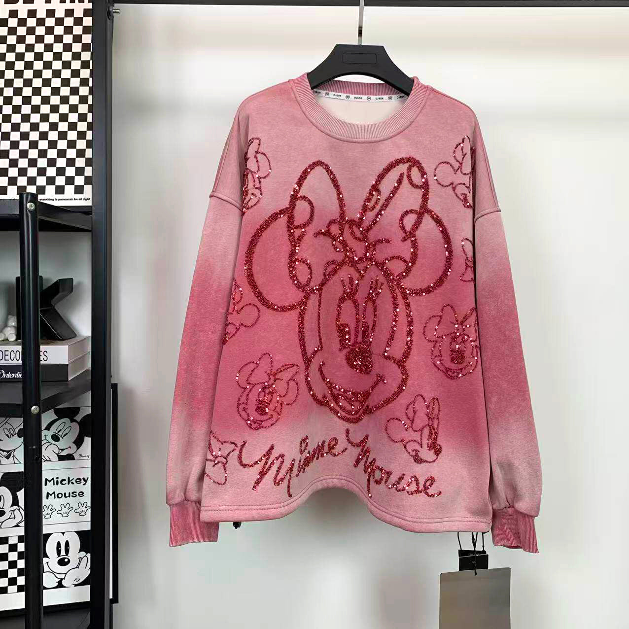 Vintage Washed Sequin Minnie Sweatshirt | Fleece-Lined Oversized Crewneck