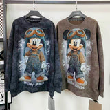 Vintage Washed Rhinestone Aviator Mickey Sweatshirt | Oversized Graphic Crewneck