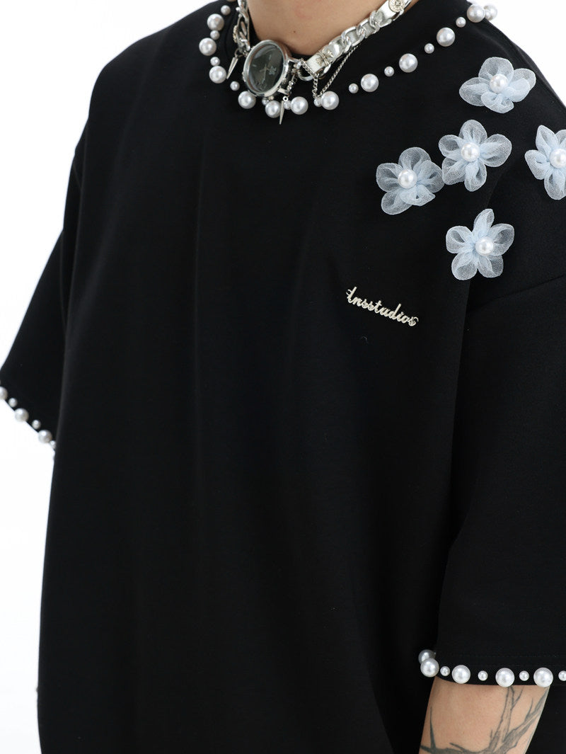 3D Floral Pearl Embellished T-Shirt | Oversized Designer Statement Tee