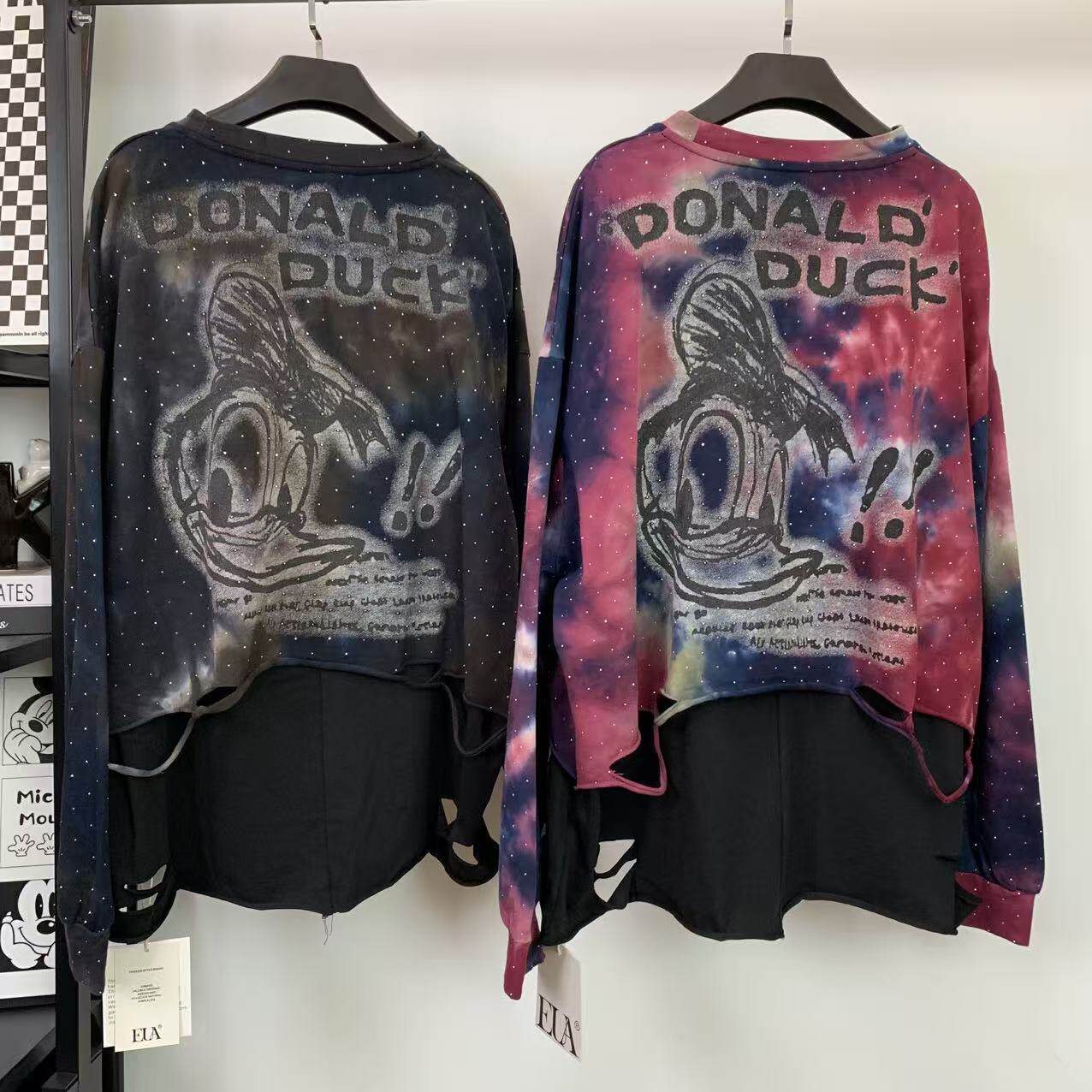 Distressed Rhinestone Donald Duck Sweatshirt | Washed Tie-Dye Oversized Crewneck