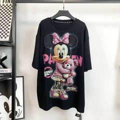 R7 - Sparkling Rhinestone Minnie Mouse Graphic Tee - 100% Pure Cotton Streetwear Oversized T-Shirt