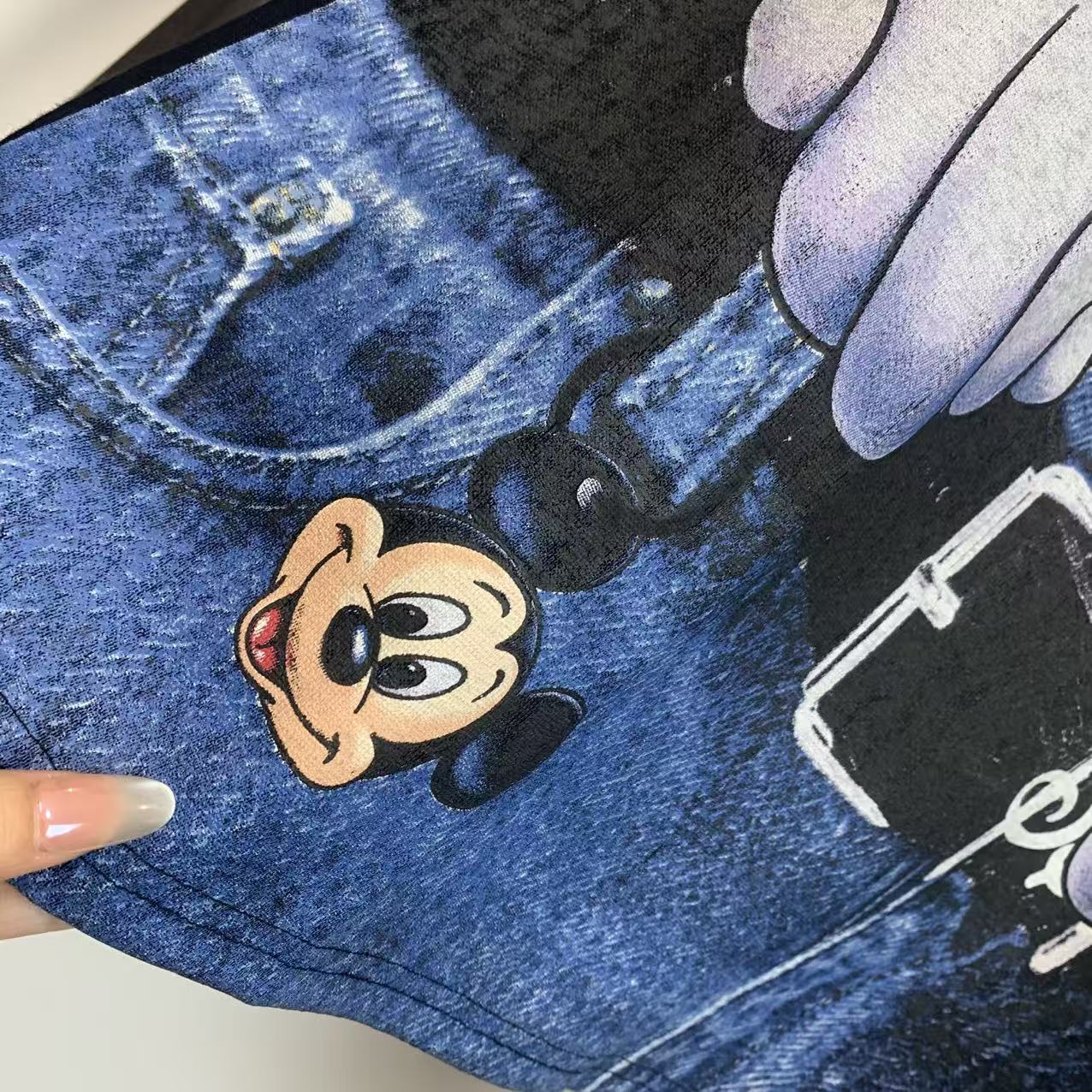 R6 - Heavy Cotton T-Shirt - Hand-Embroidered Beaded & Sequin Mickey Graphic Denim Overalls Printed Oversized Tee