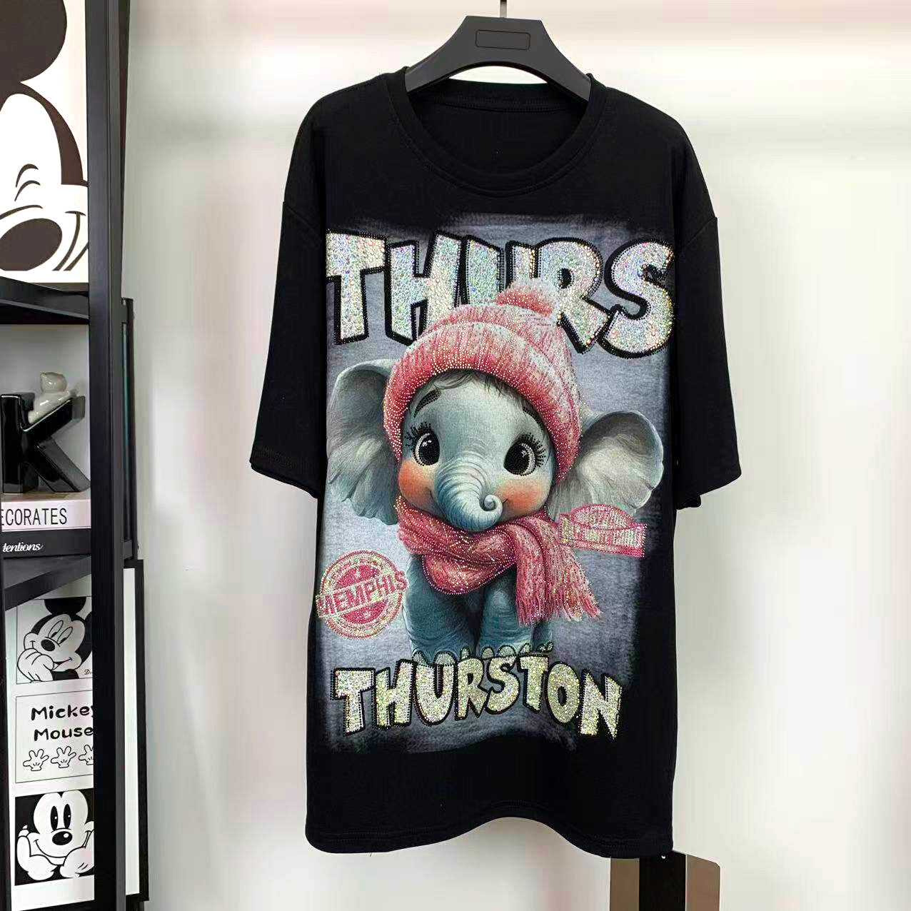 Heavy Rhinestone Cute Elephant T-Shirt | Oversized Sparkle Graphic Tee
