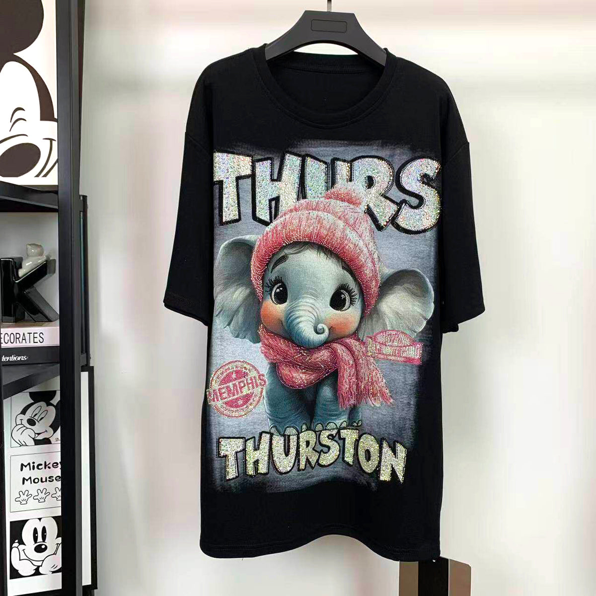Heavy Rhinestone Cute Elephant T-Shirt | Oversized Sparkle Graphic Tee