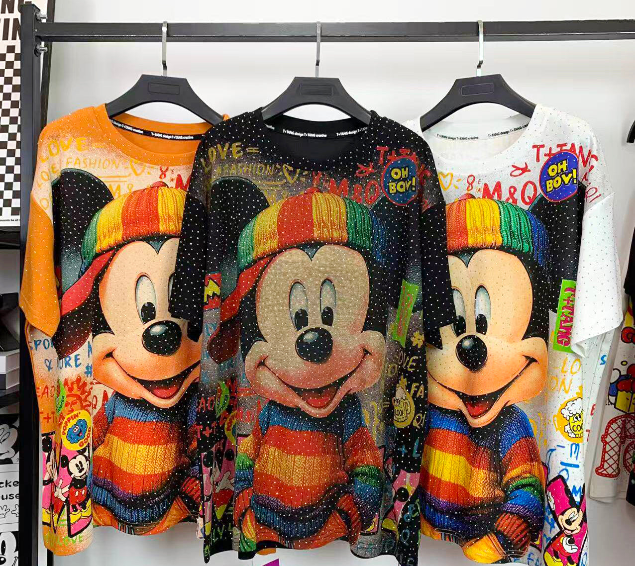 Mickey Rainbow Hat Rhinestone Graphic T-Shirt | Oversized Retro Cartoon Streetwear Tee