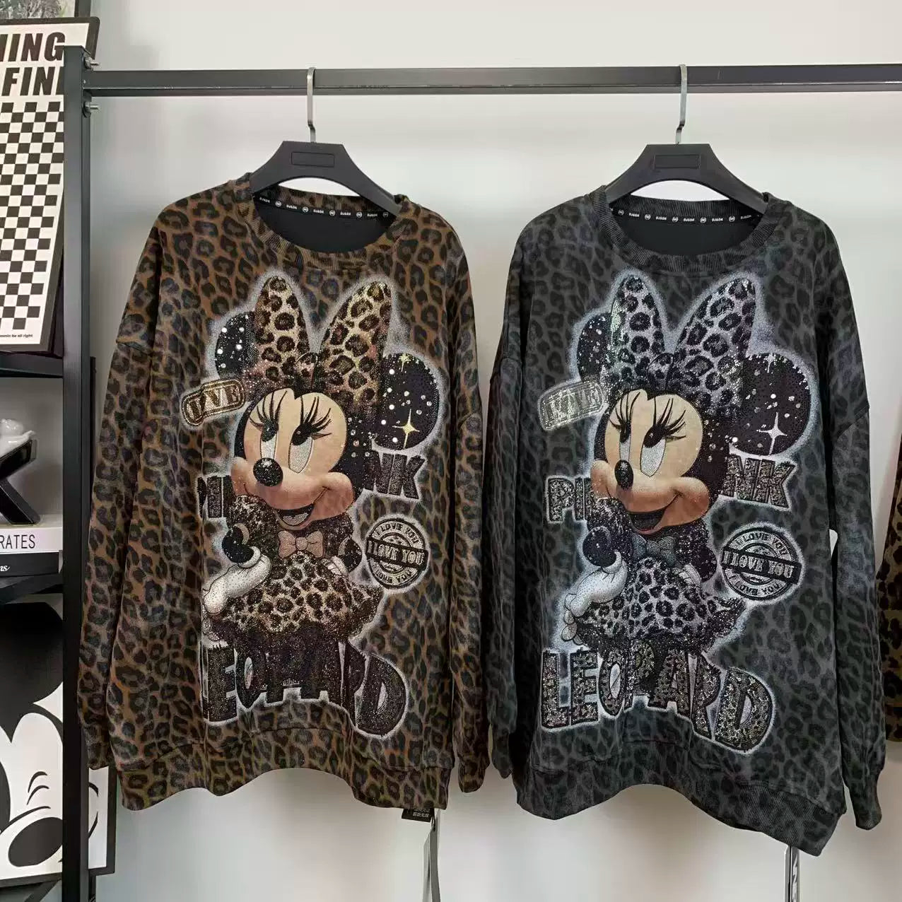 R11 - Pure Cotton Leopard Print Sweatshirt - Luxury Hot-Fix Rhinestone Minnie Mouse Graphic Crewneck Pullover