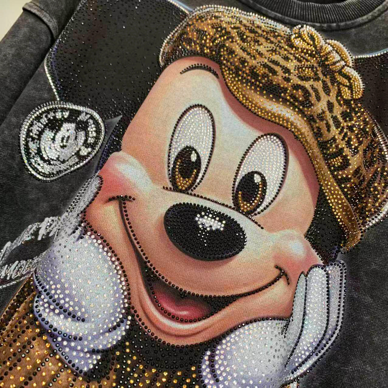 Handmade Rhinestone Mickey Graphic Washed Sweatshirt | Vintage Oversized Crewneck