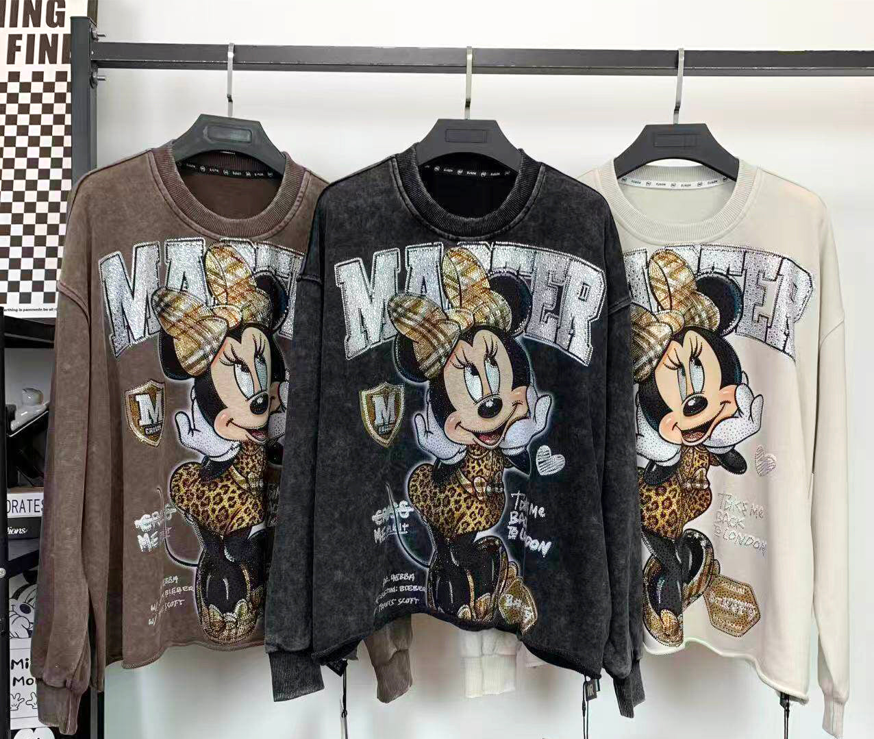 Washed Minnie Rhinestone Sweatshirt | Oversized French Terry Crewneck