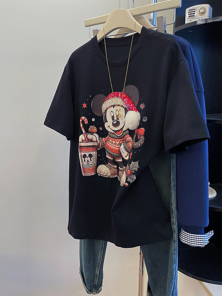 Christmas Mickey Mouse Graphic T-Shirt | 220G Heavy Cotton Tee with Handmade Beaded Embroidery & Festive Holiday Design