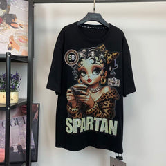 R4 - Rhinestone Betty Girl Oversized Graphic T-Shirt – Sparkling Vintage Cartoon Streetwear Tee
