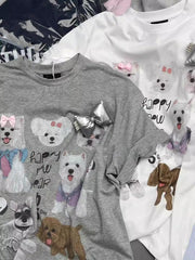 A235 - Playful Puppy Graphic T-Shirt with 3D Plush Bow – Cute Loose Fit Casual Short Sleeve Tee