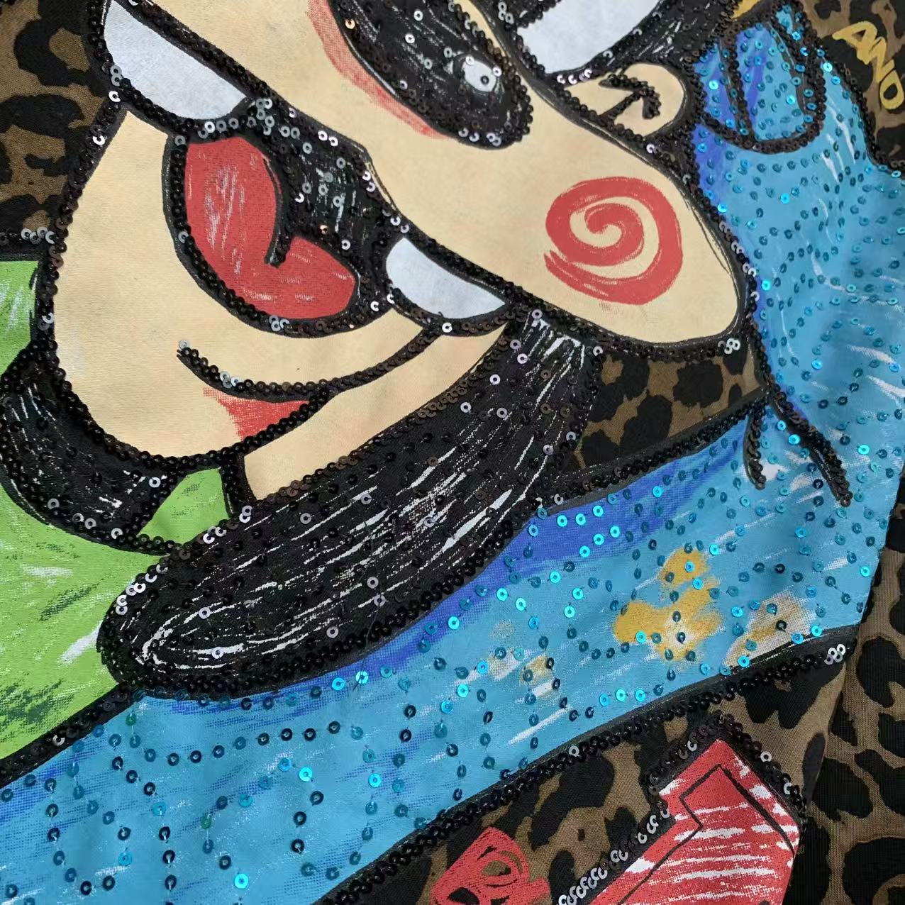 Vintage Leopard Cartoon Dog Sequin Embroidered Sweatshirt