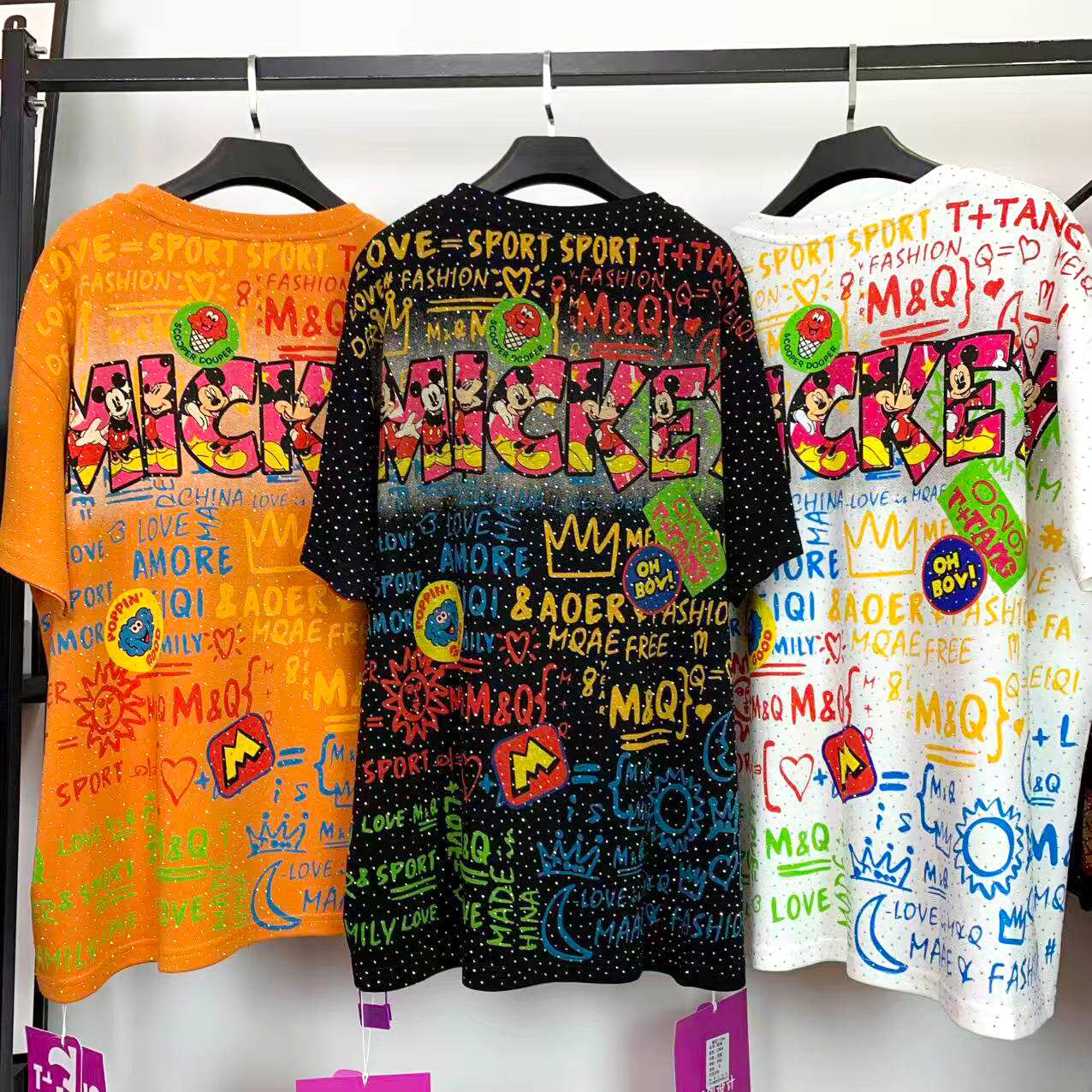 Mickey Rainbow Hat Rhinestone Graphic T-Shirt | Oversized Retro Cartoon Streetwear Tee
