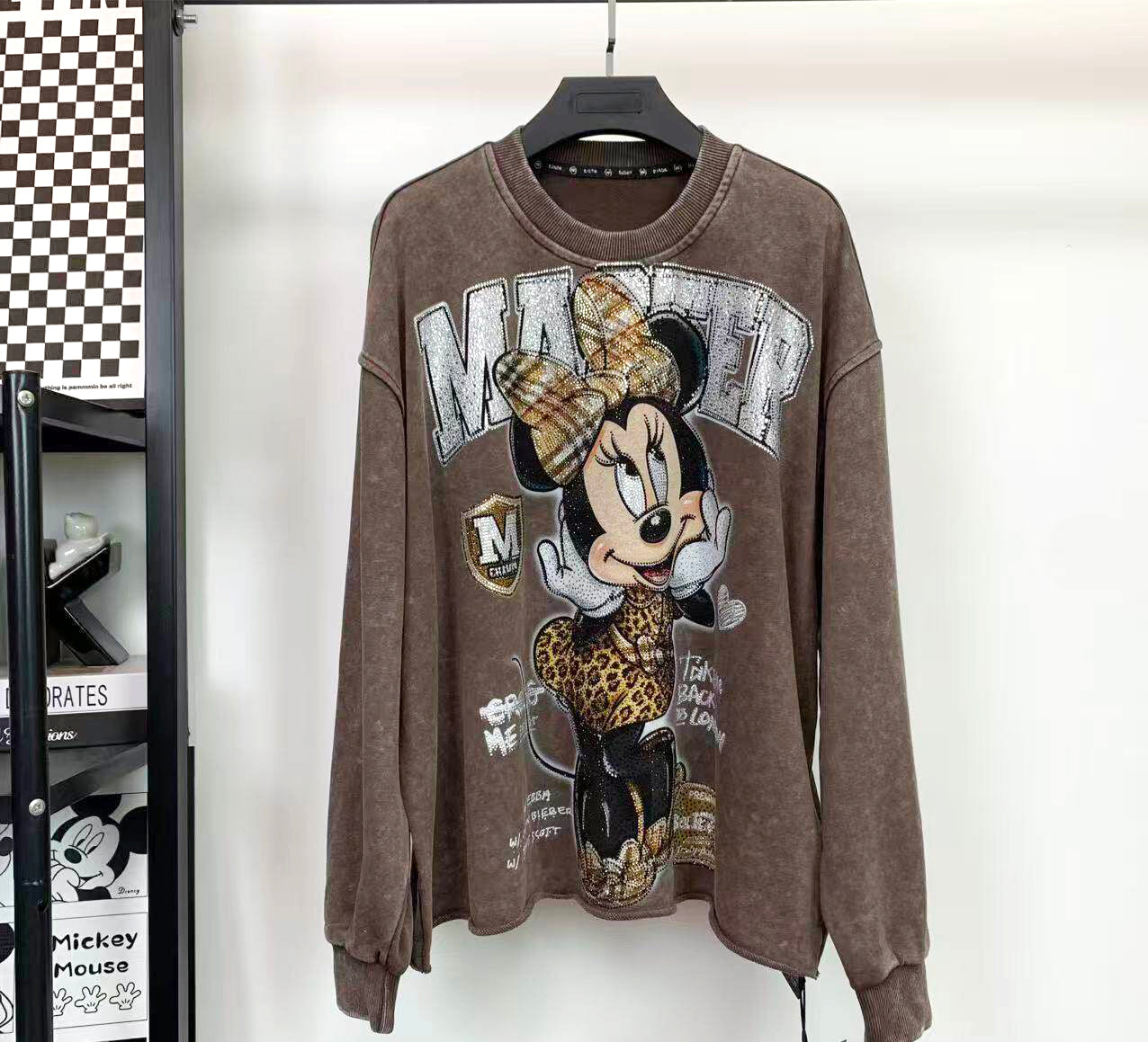Washed Minnie Rhinestone Sweatshirt | Oversized French Terry Crewneck