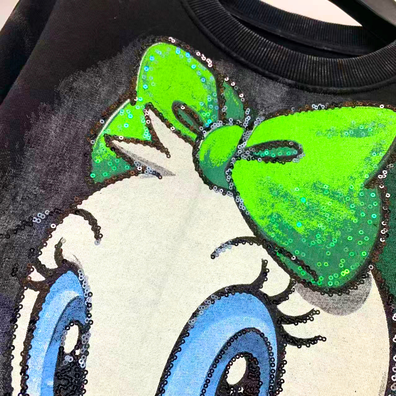 R12 - Vintage Wash Pure Cotton Sweatshirt - Luxury Sequin Embroidered Daisy Duck Graphic Pullover