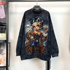 R18 - Rhinestone Betty Graphic Oversized Sweatshirt – Sparkling Vintage Cartoon Style