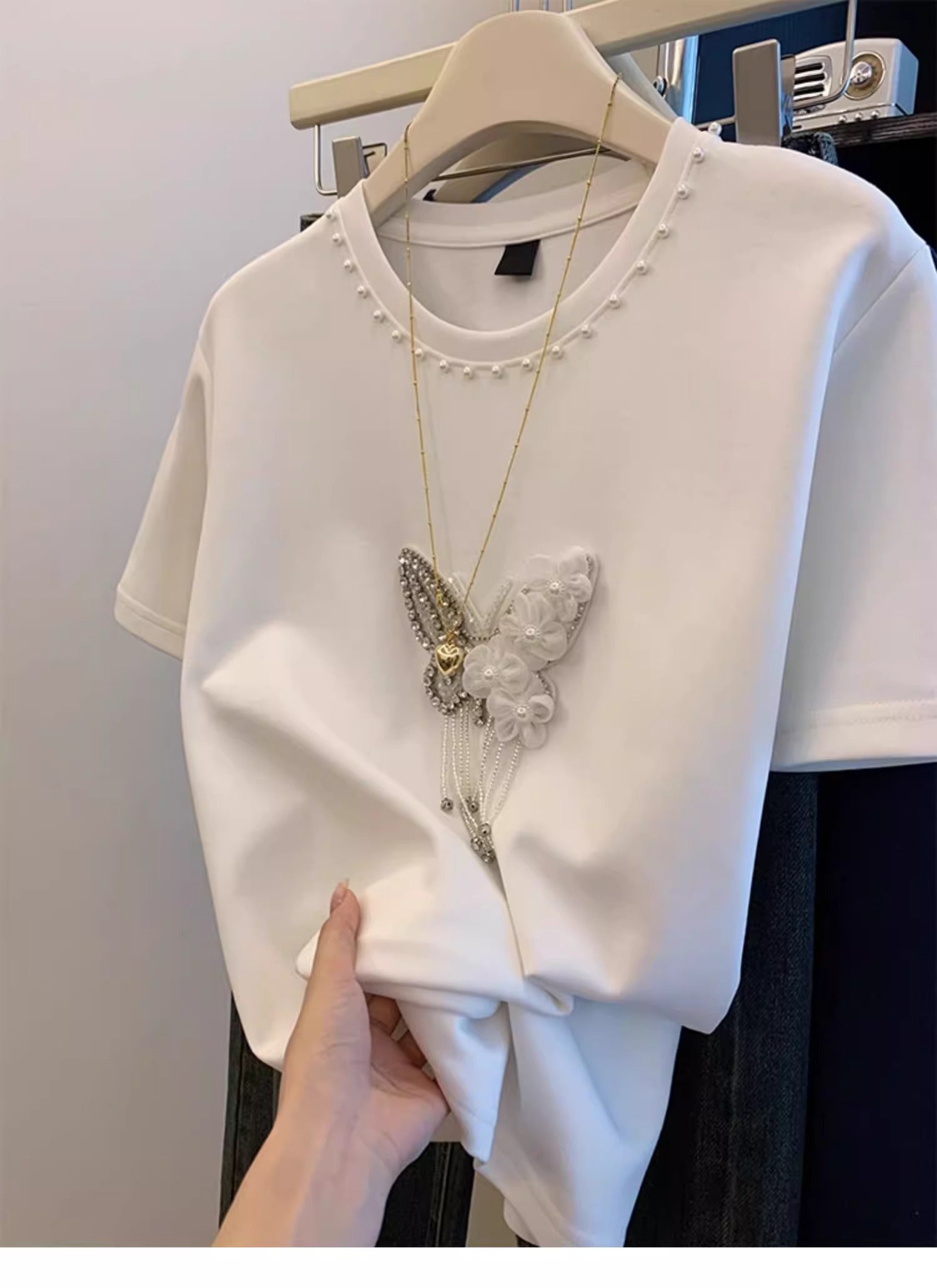 🎀Beaded bow-decorated short-sleeved T-shirt