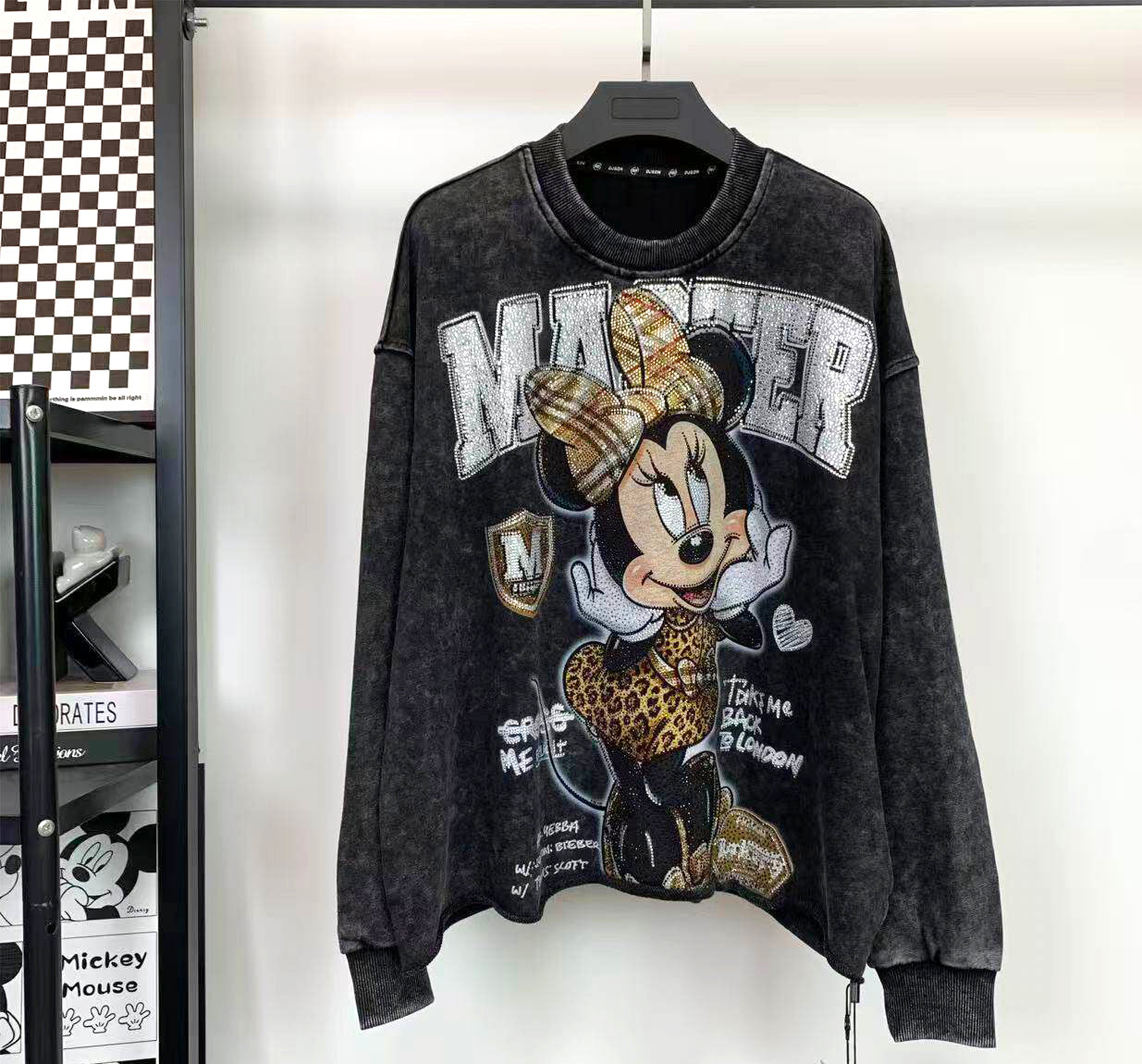 Washed Minnie Rhinestone Sweatshirt | Oversized French Terry Crewneck