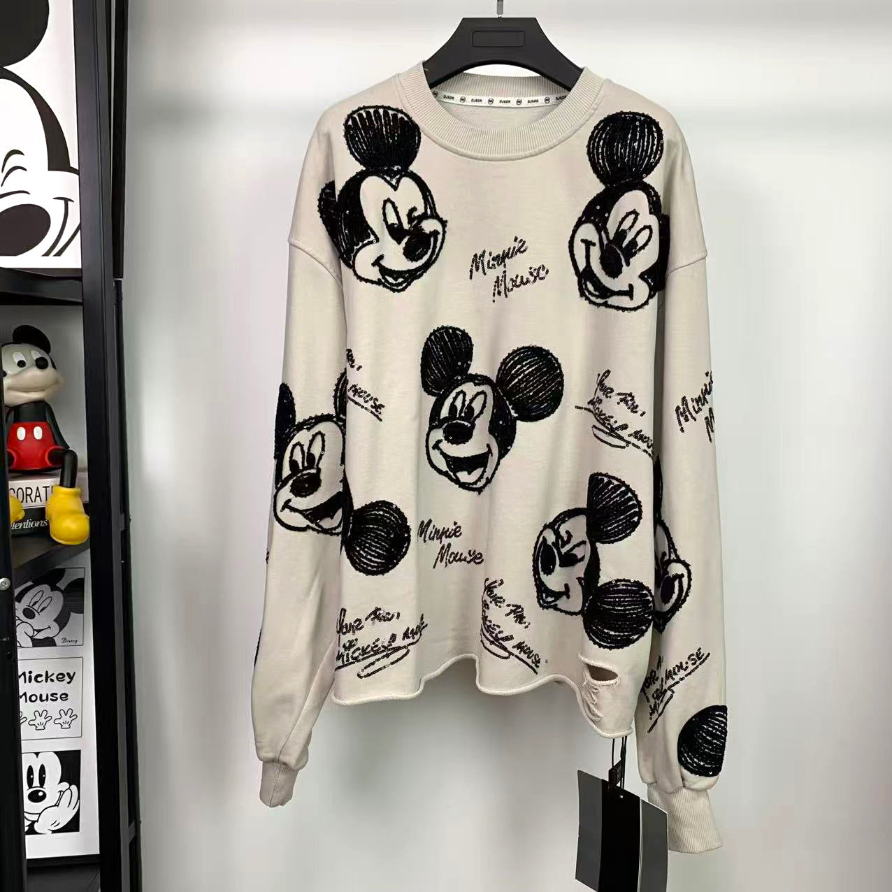 Mickey Distressed Sequin Embroidered Crewneck | Washed Unisex Statement Sweatshirt