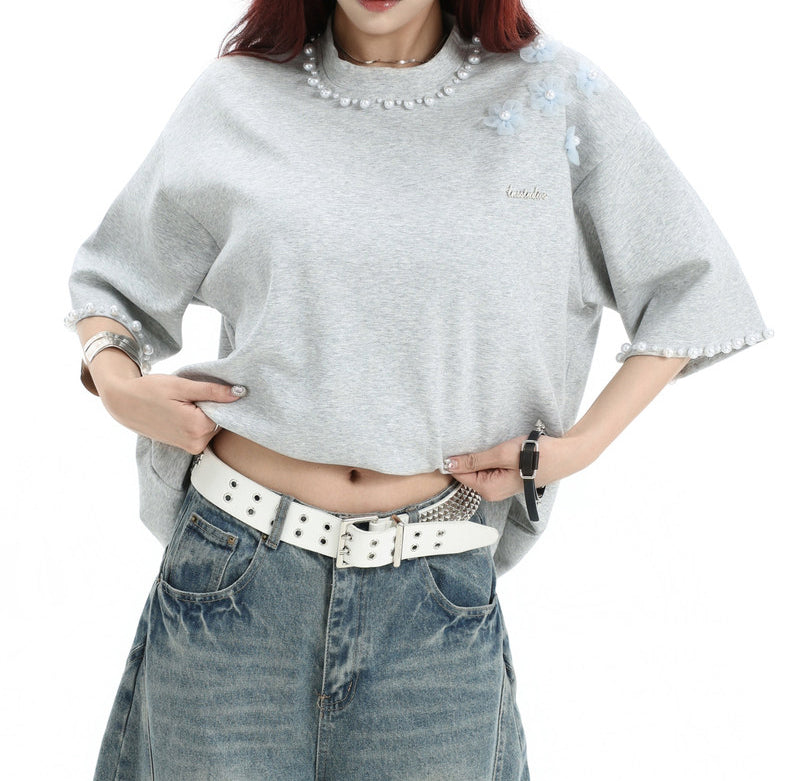3D Floral Pearl Embellished T-Shirt | Oversized Designer Statement Tee