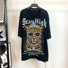 R8 - Oversized Cotton Crewneck T-Shirt with Bling Rhinestone Leopard Print - Wild Streetwear Top