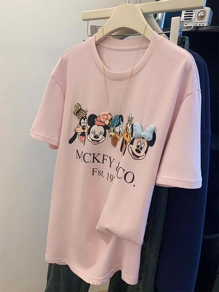 Pink Crystal-Embellished T-Shirt with 3D Floral Appliqué