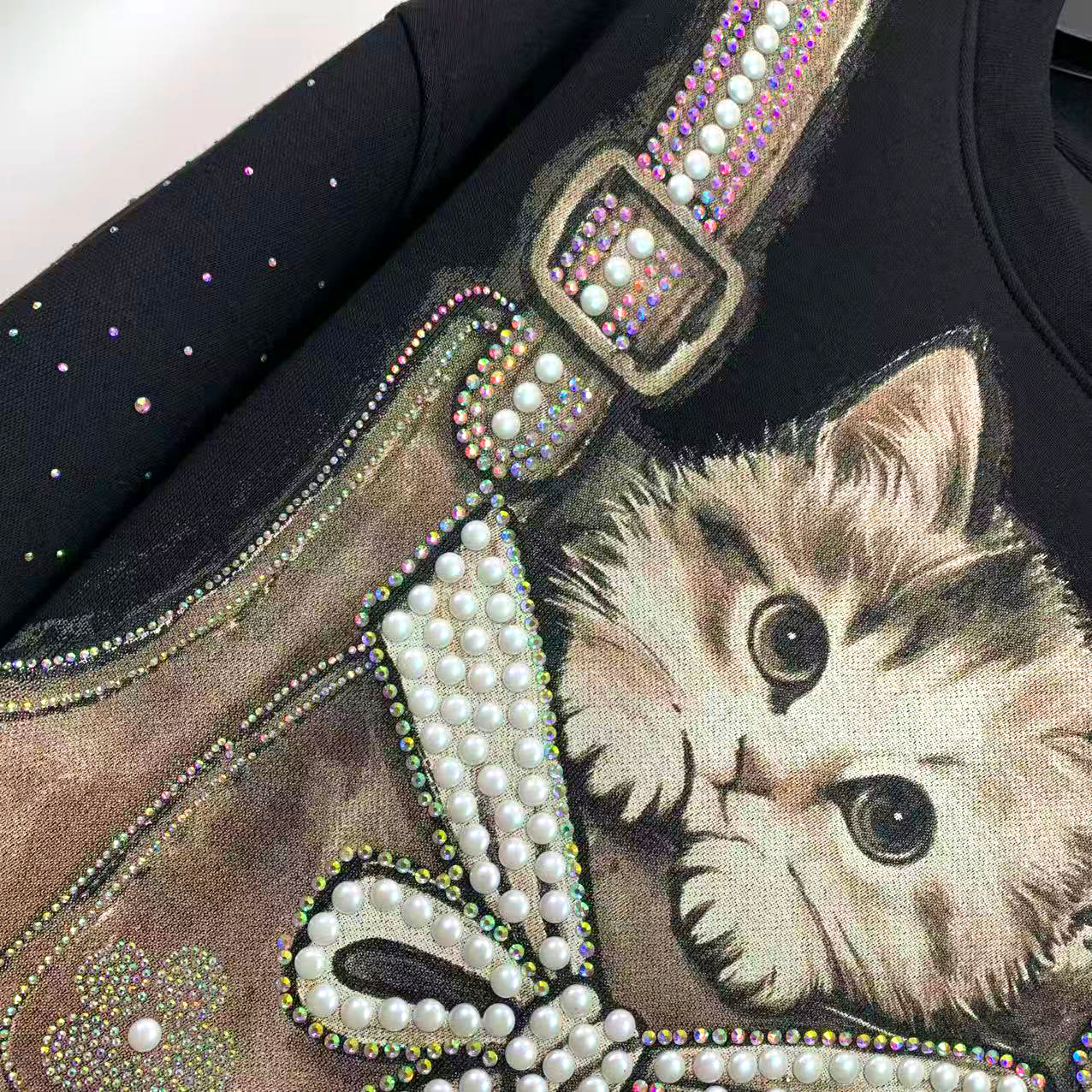 Pearl Bow Cat Rhinestone & Sequin Embellished T-Shirt