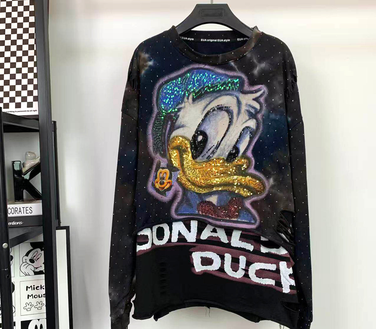 Distressed Rhinestone Donald Duck Sweatshirt | Washed Tie-Dye Oversized Crewneck