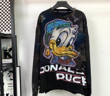 Distressed Rhinestone Donald Duck Sweatshirt | Washed Tie-Dye Oversized Crewneck