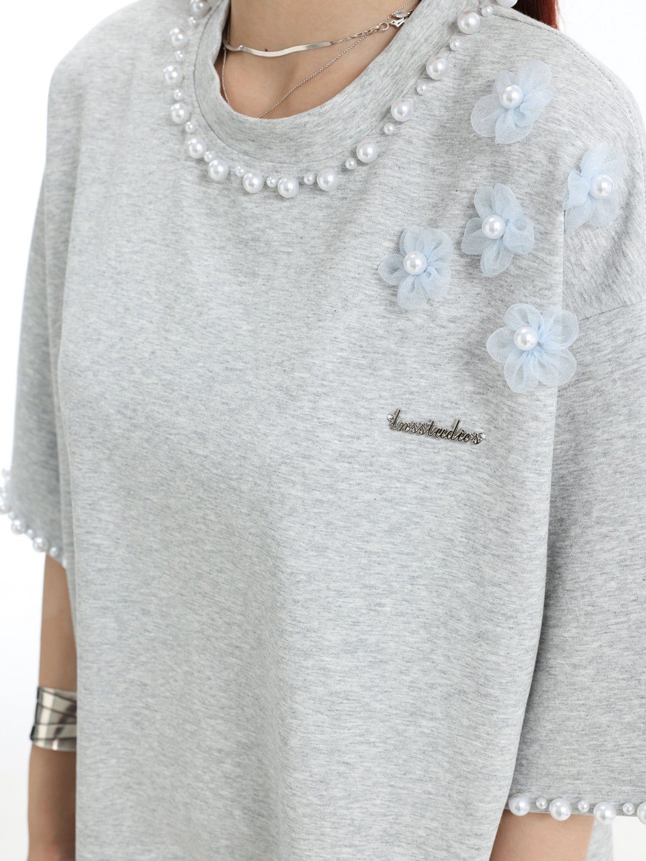 3D Floral Pearl Embellished T-Shirt | Oversized Designer Statement Tee
