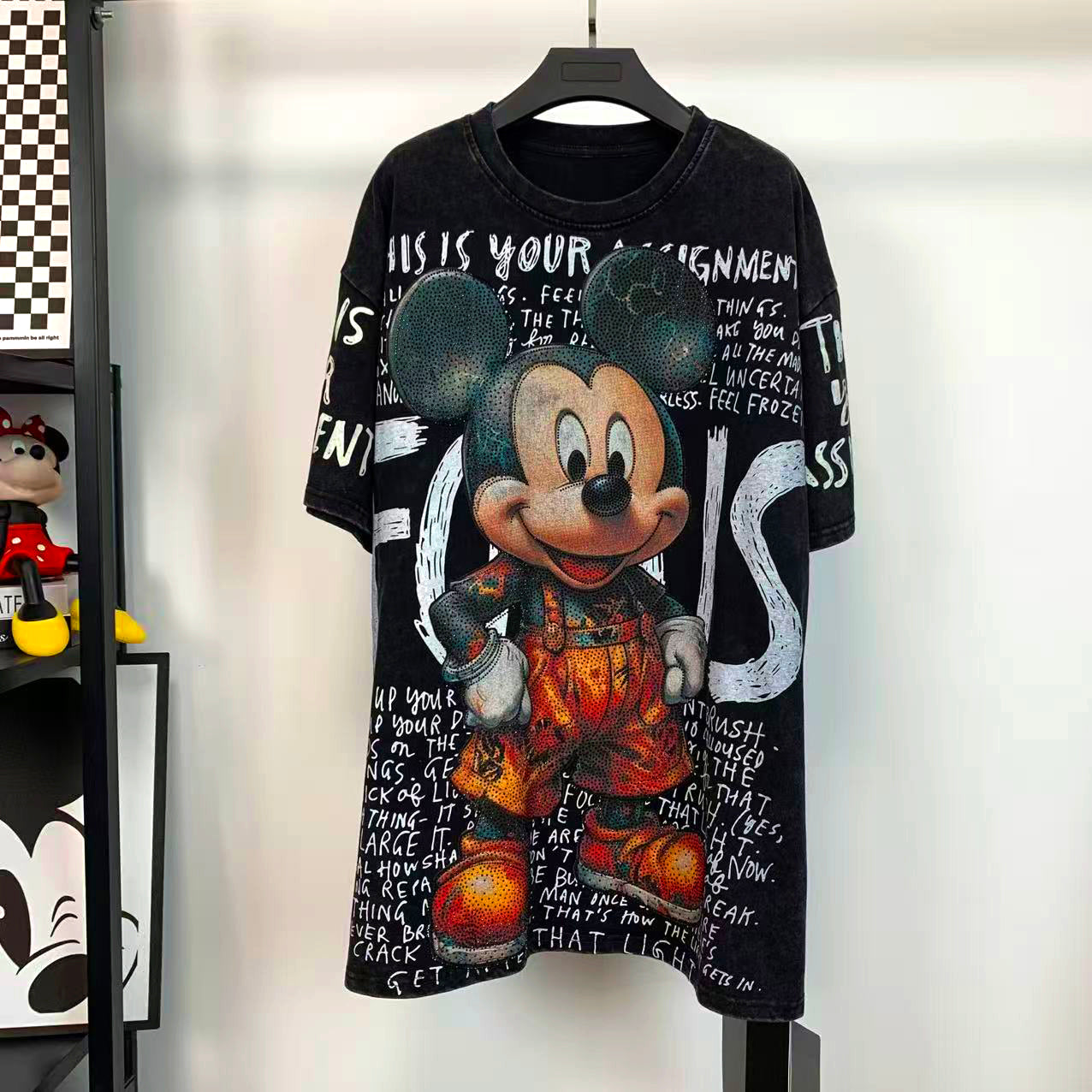 R22 - Mickey Rhinestone Oversized T-Shirt – Sparkling Cartoon Mouse Graphic Cotton Streetwear Tee