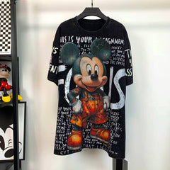 R22 - Mickey Rhinestone Oversized T-Shirt – Sparkling Cartoon Mouse Graphic Cotton Streetwear Tee
