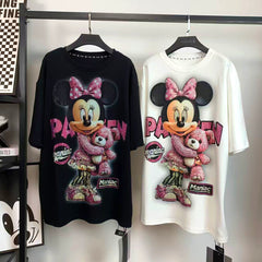 R7 - Sparkling Rhinestone Minnie Mouse Graphic Tee - 100% Pure Cotton Streetwear Oversized T-Shirt