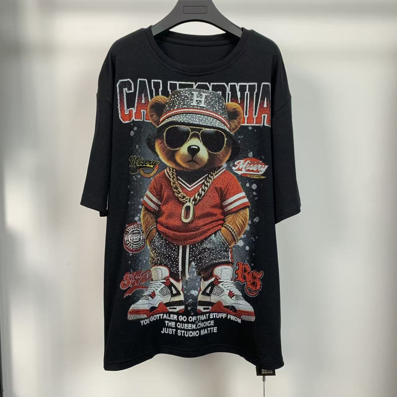 R5 - Heavyweight 320g Pure Cotton T-Shirt - Luxury Full Rhinestone Hip-Hop Teddy Bear Graphic Oversized Tee