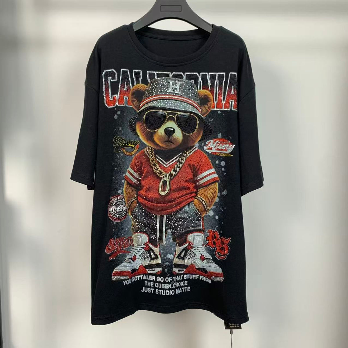 R5 - Heavyweight 320g Pure Cotton T-Shirt - Luxury Full Rhinestone Hip-Hop Teddy Bear Graphic Oversized Tee